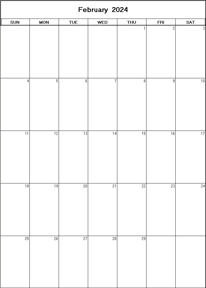 printable blank calendar image for February 2024