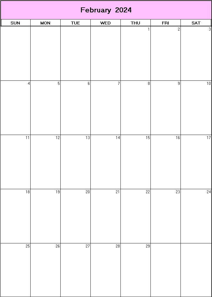printable blank calendar image for February 2024