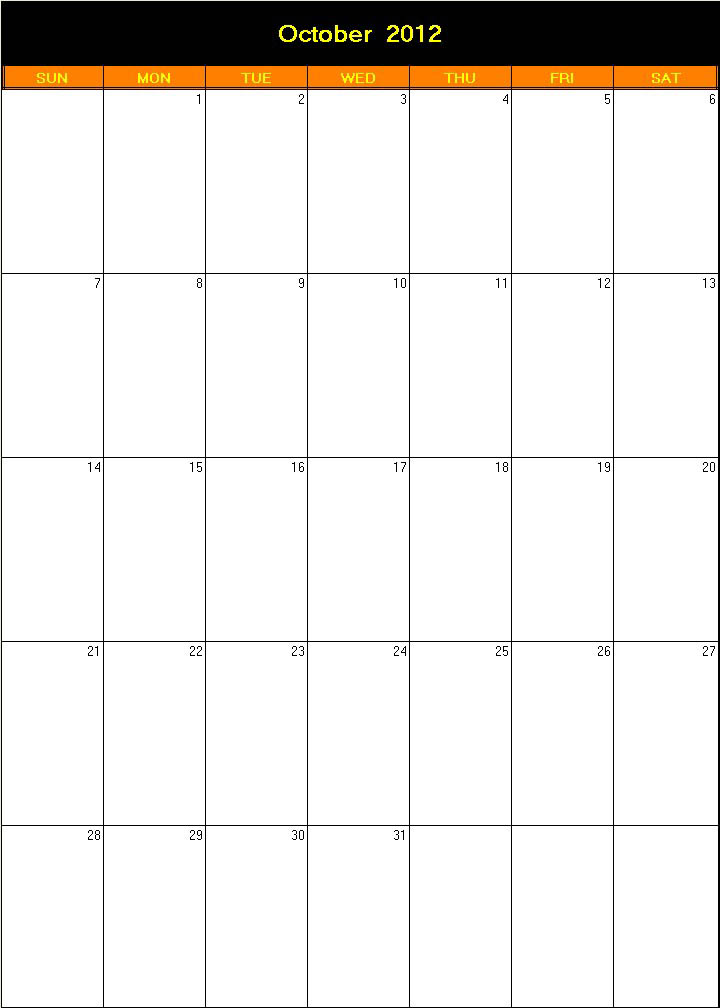 printable blank calendar image for Halloween 2012