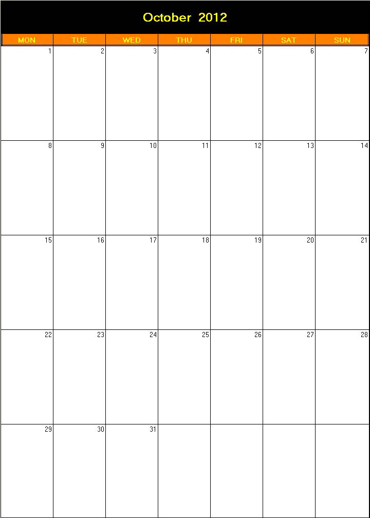 printable blank calendar image for Halloween 2012
