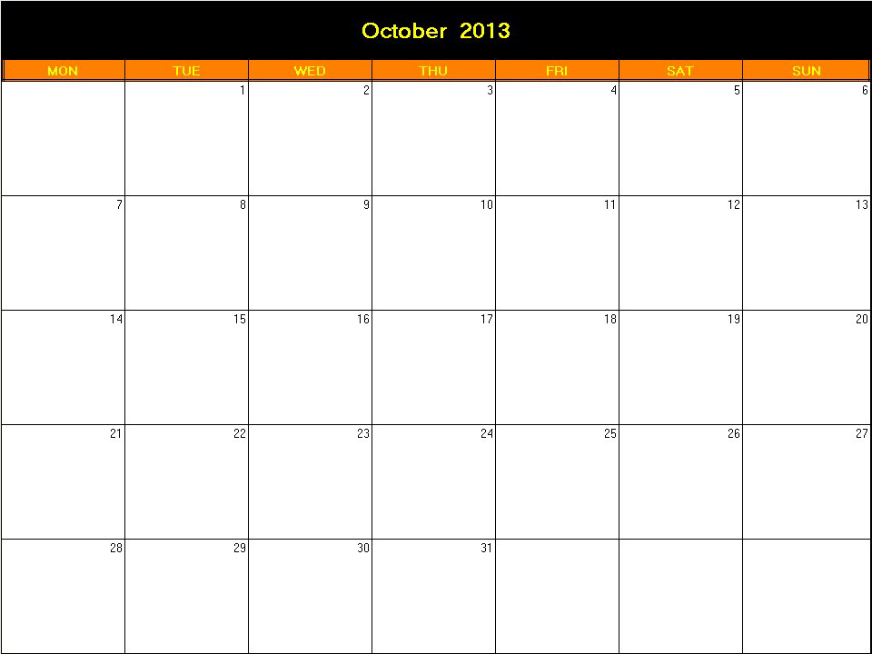 printable blank calendar image for Halloween 2013
