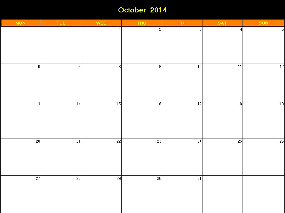 printable blank calendar image for Halloween 2014