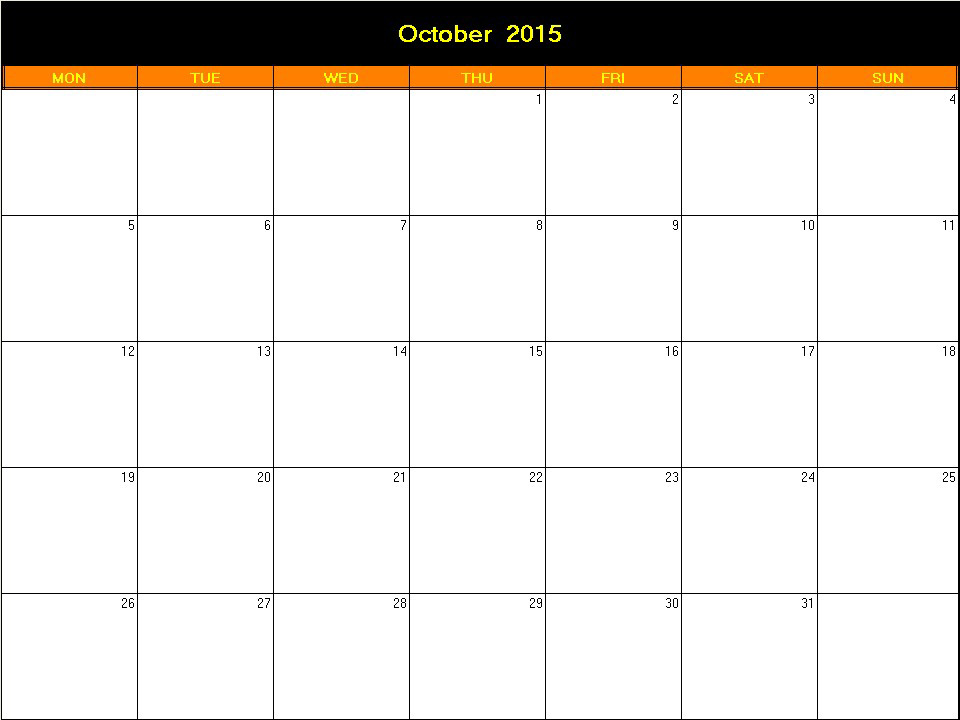 printable blank calendar image for Halloween 2015