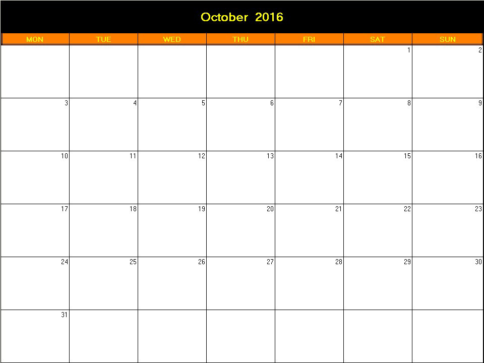 printable blank calendar image for Halloween 2016
