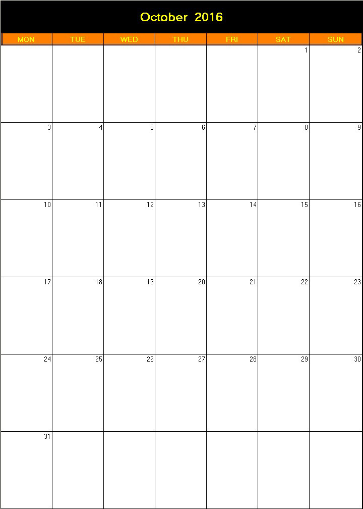 printable blank calendar image for Halloween 2016