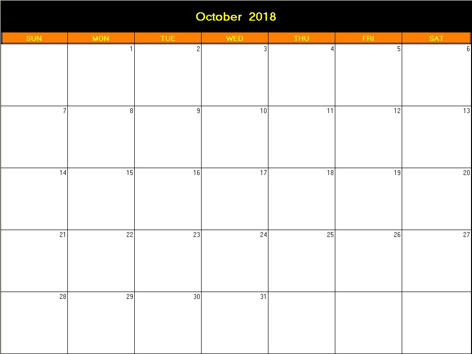 printable blank calendar image for Halloween 2018