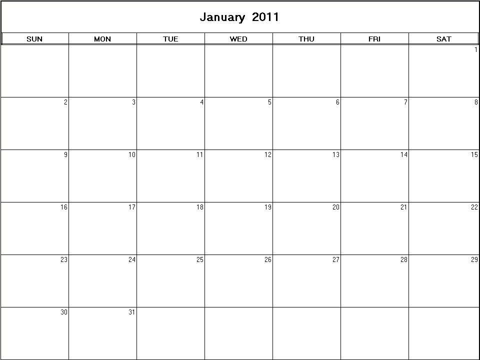 printable blank calendar image for January 2011
