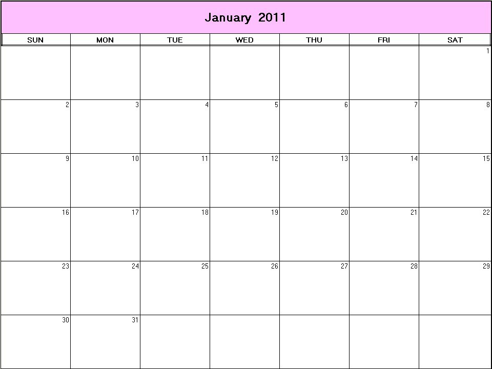 printable blank calendar image for January 2011