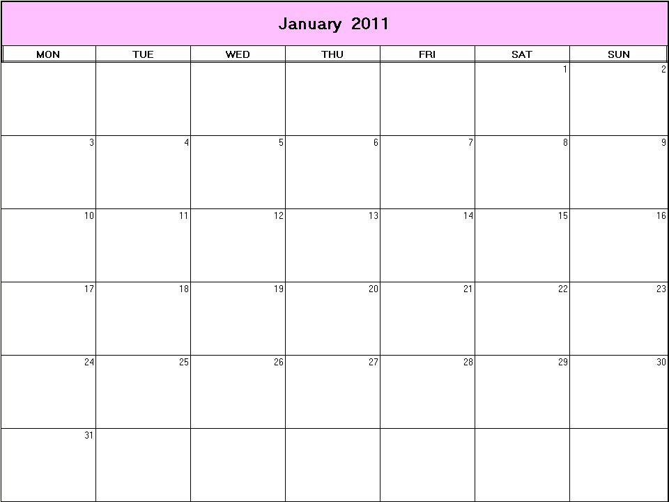 printable blank calendar image for January 2011