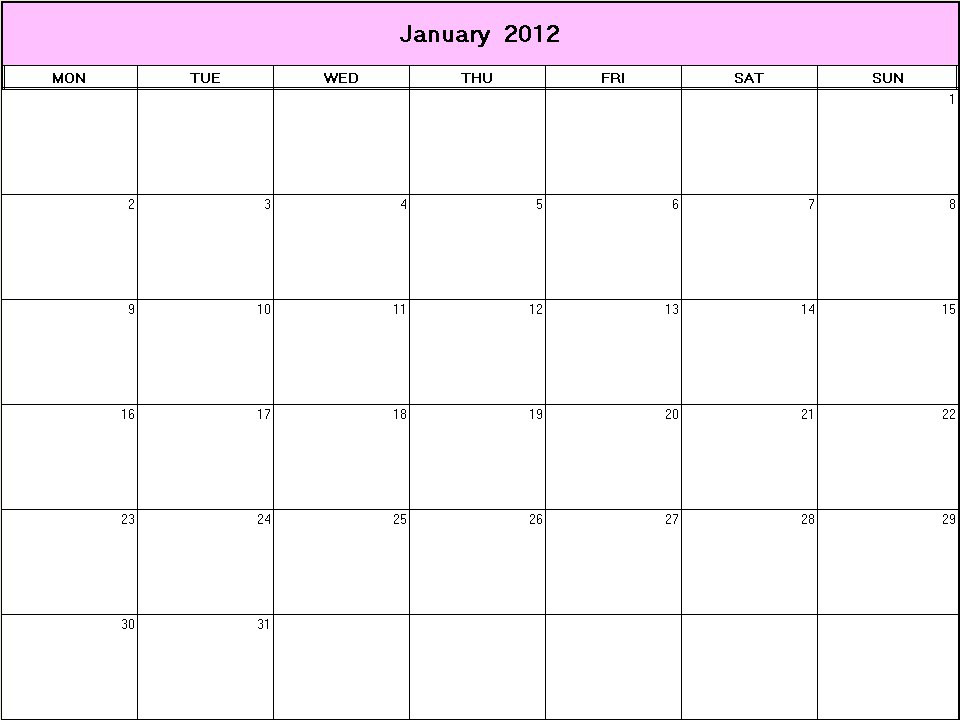 printable blank calendar image for January 2012