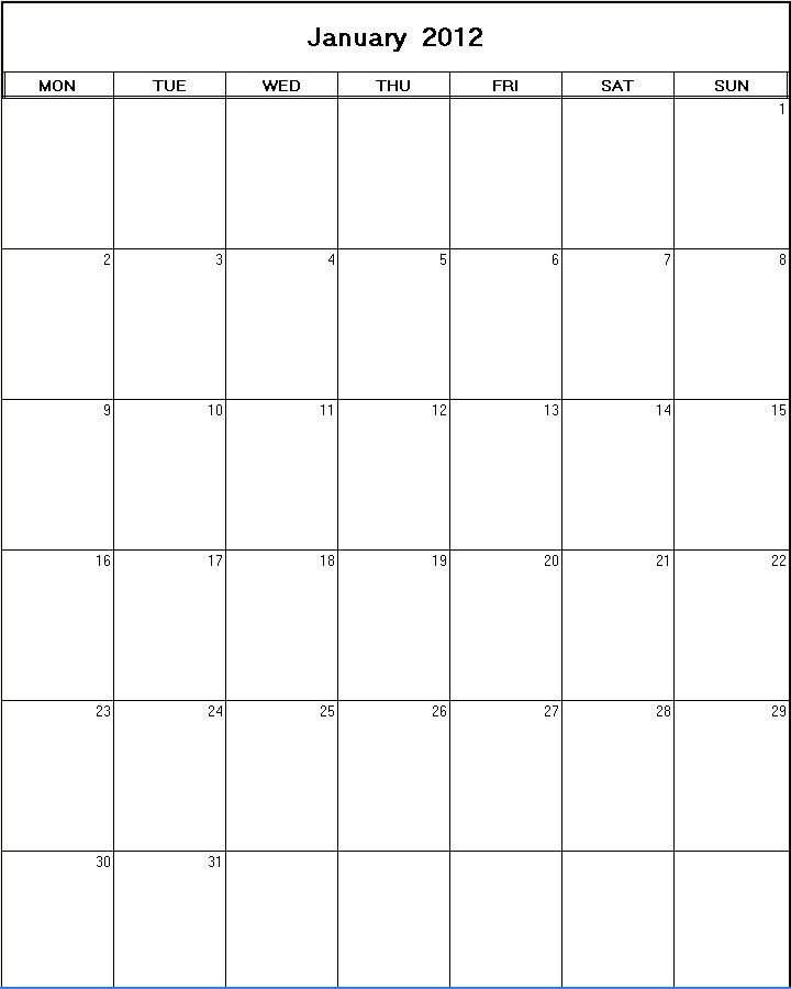 printable blank calendar image for January 2012