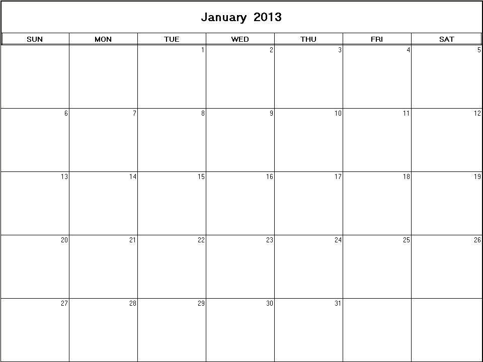 printable blank calendar image for January 2013