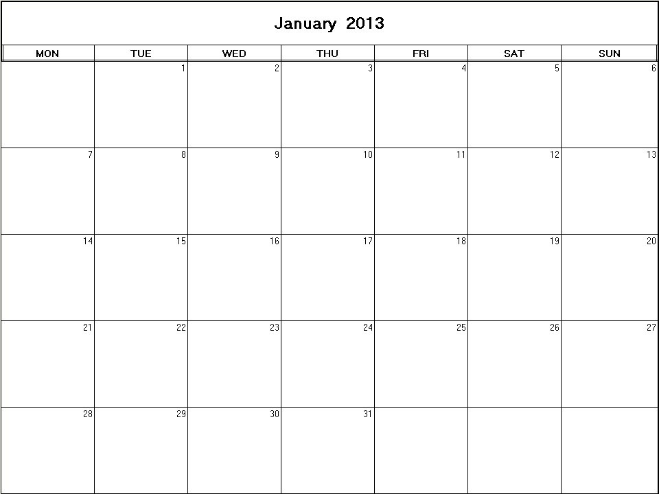 printable blank calendar image for January 2013