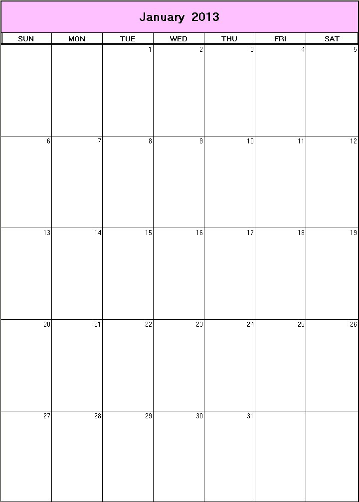 printable blank calendar image for January 2013