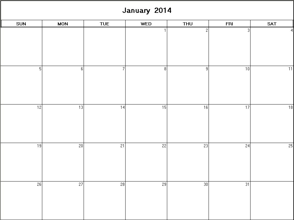 printable blank calendar image for January 2014