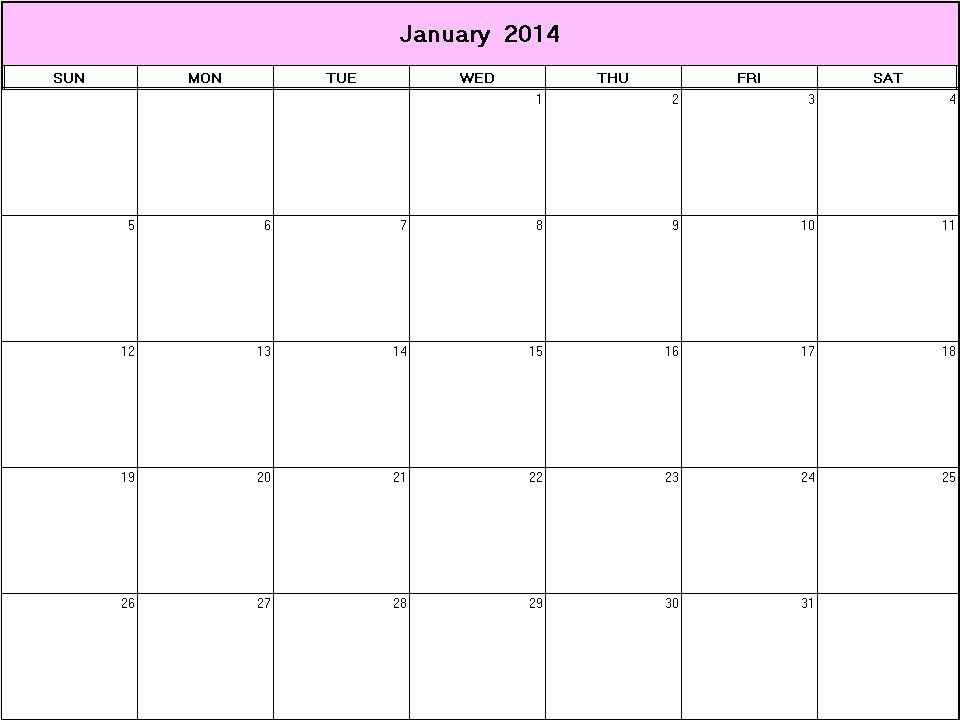 printable blank calendar image for January 2014