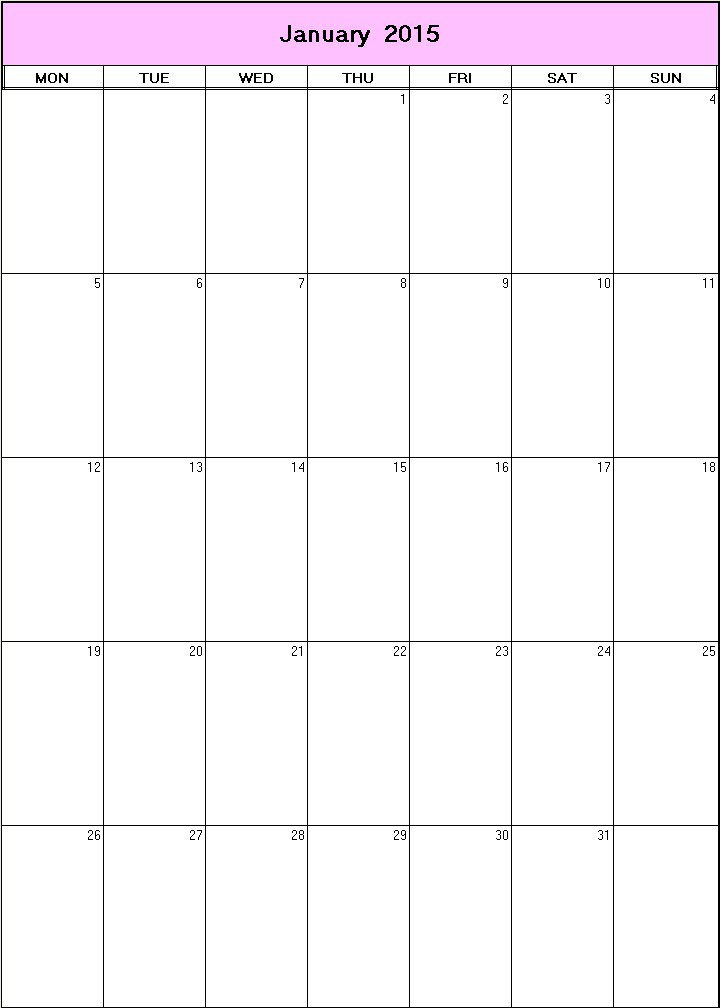 printable blank calendar image for January 2015