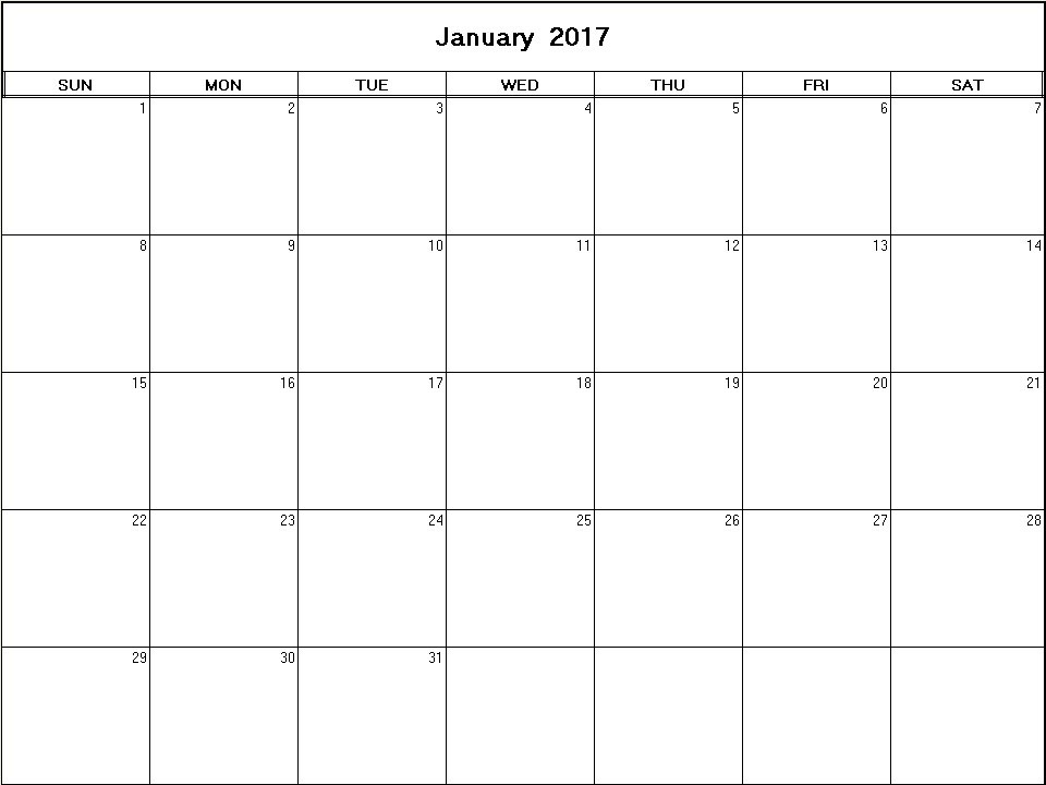 printable blank calendar image for January 2017