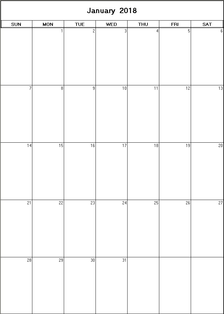 printable blank calendar image for January 2018