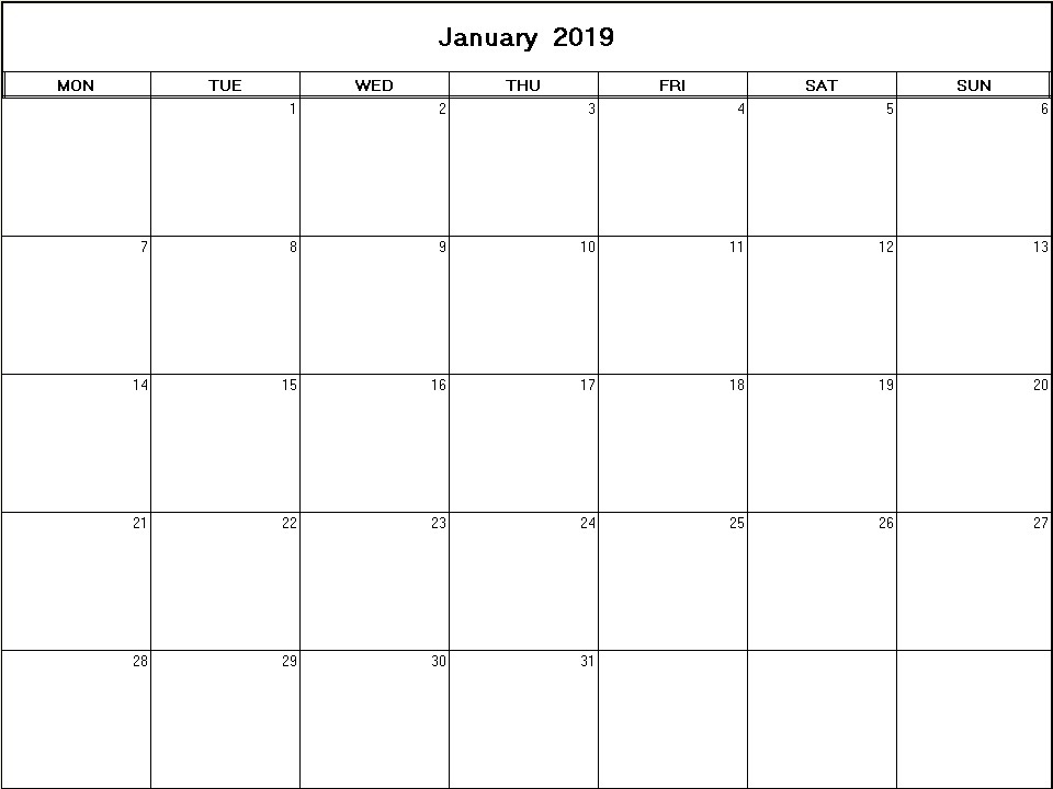 printable blank calendar image for January 2019