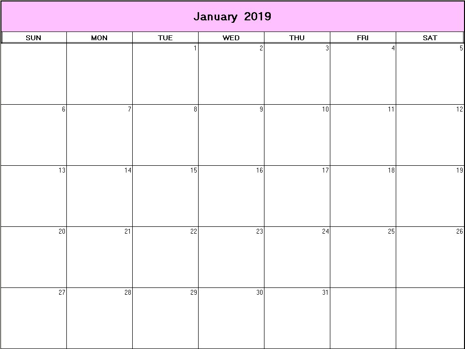 printable blank calendar image for January 2019