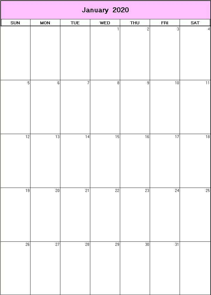 printable blank calendar image for January 2020