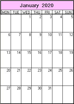 printable blank calendar image for January 2020