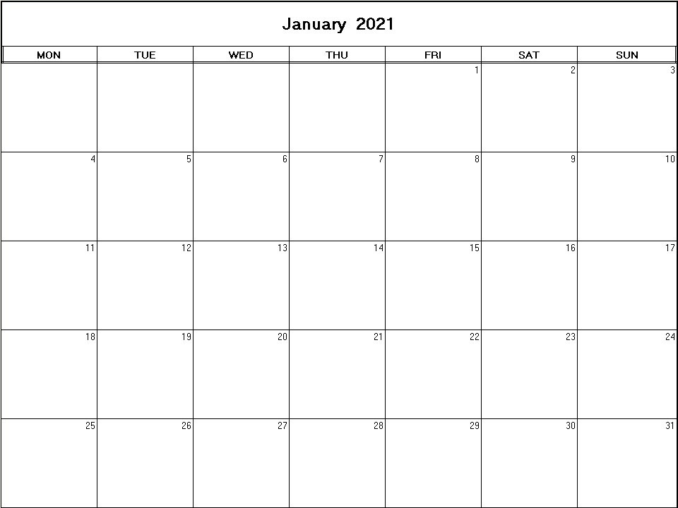 printable blank calendar image for January 2021