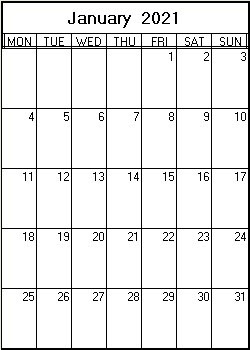 printable blank calendar image for January 2021