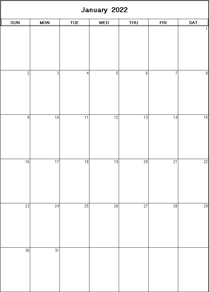 printable blank calendar image for January 2022