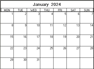 printable blank calendar image for January 2024