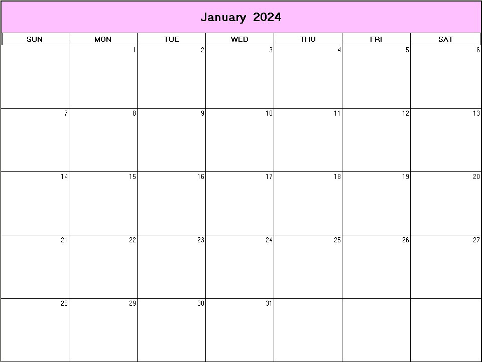 printable blank calendar image for January 2024