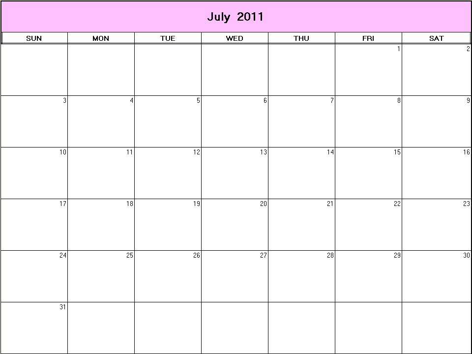 July 2011 printable blank calendar