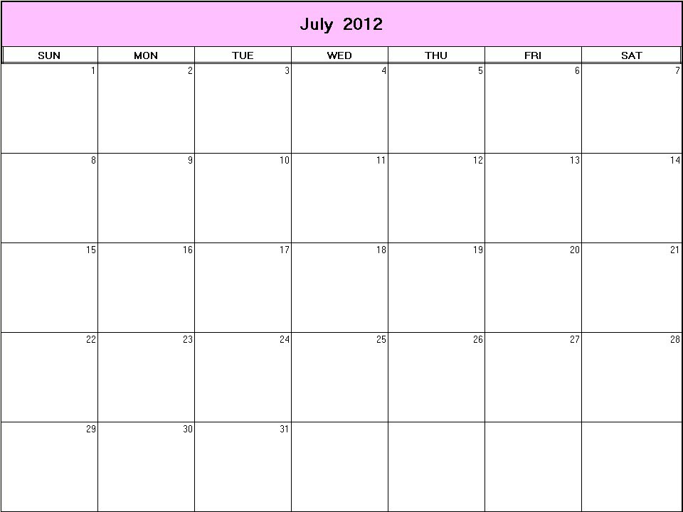 printable blank calendar image for July 2012