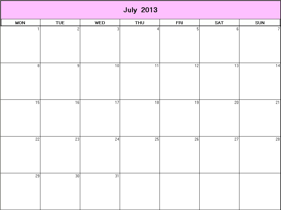 printable blank calendar image for July 2013