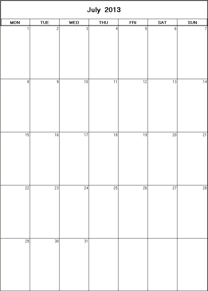 printable blank calendar image for July 2013