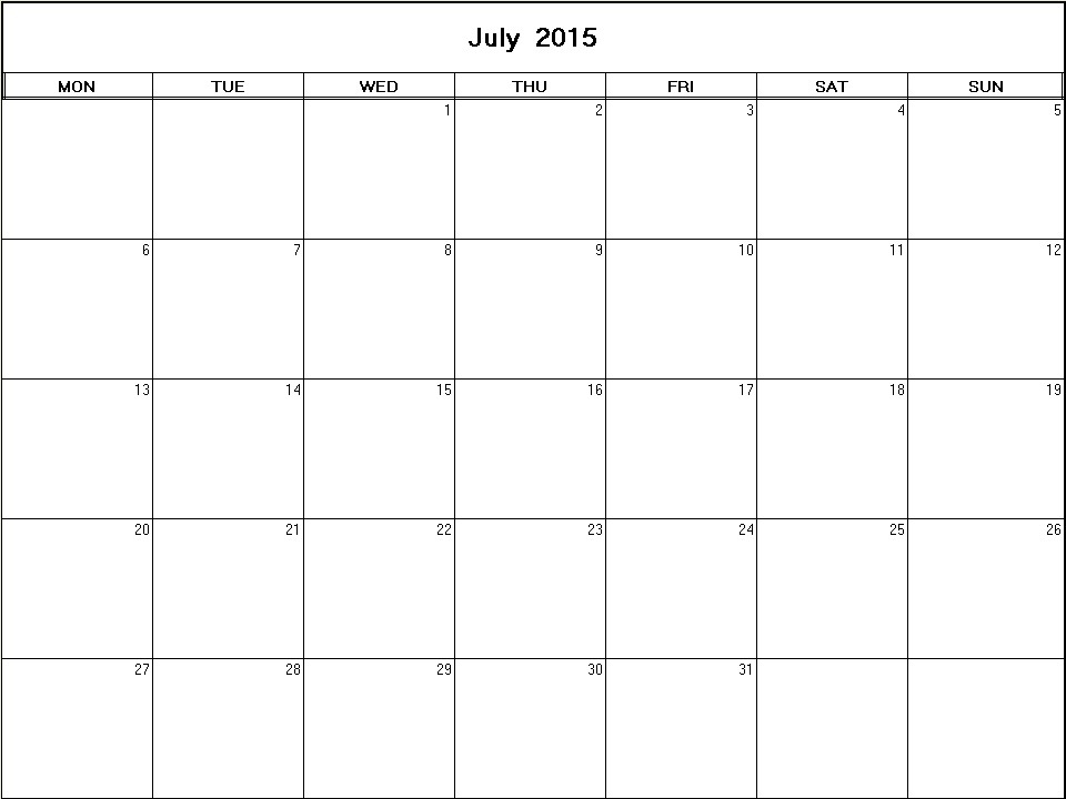 printable blank calendar image for July 2015