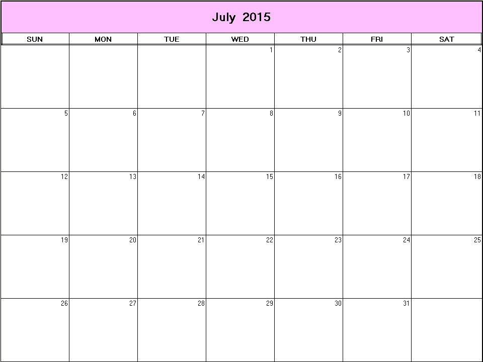 printable blank calendar image for July 2015