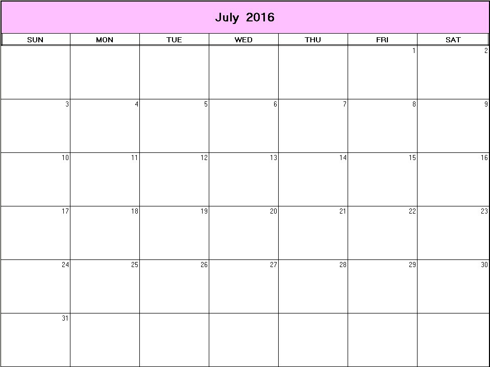 printable blank calendar image for July 2016
