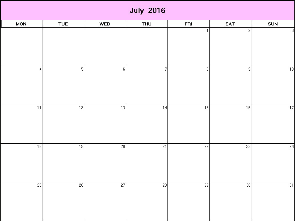 printable blank calendar image for July 2016