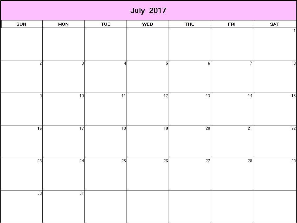 printable blank calendar image for July 2017