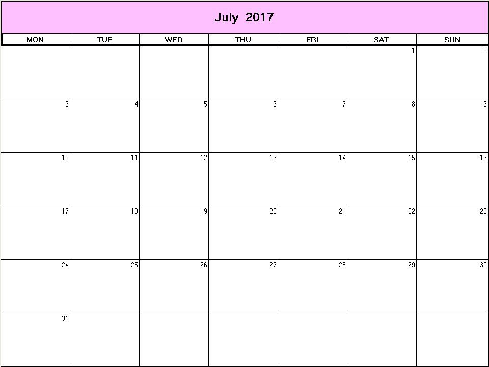 printable blank calendar image for July 2017