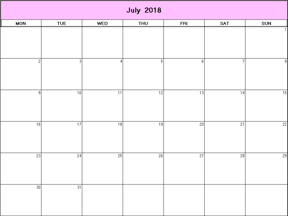 printable blank calendar image for July 2018