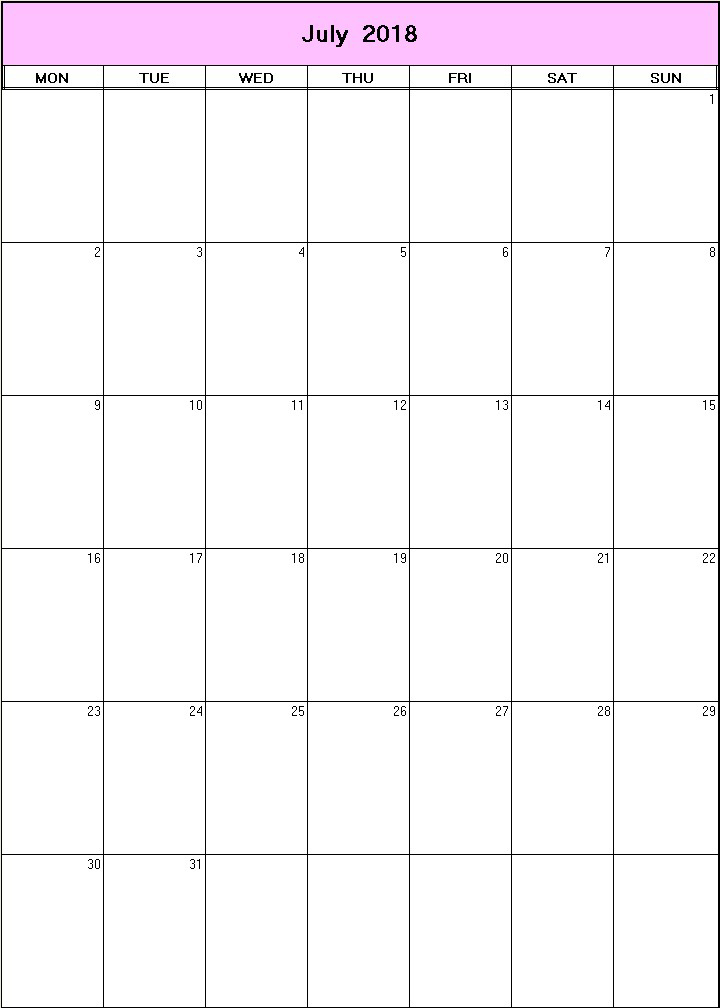 printable blank calendar image for July 2018