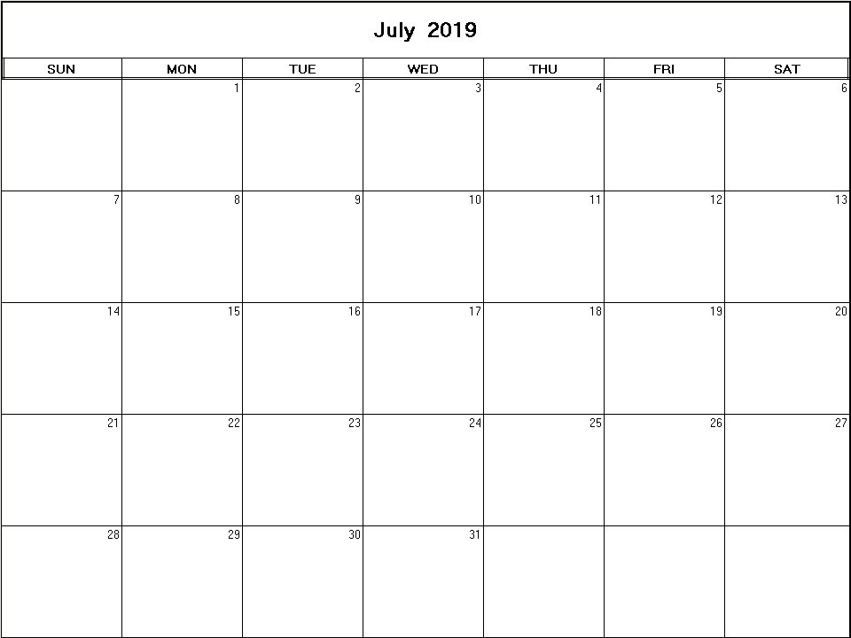 printable blank calendar image for July 2019