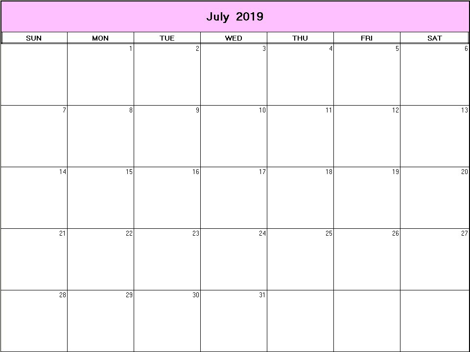 printable blank calendar image for July 2019