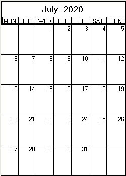 printable blank calendar image for July 2020