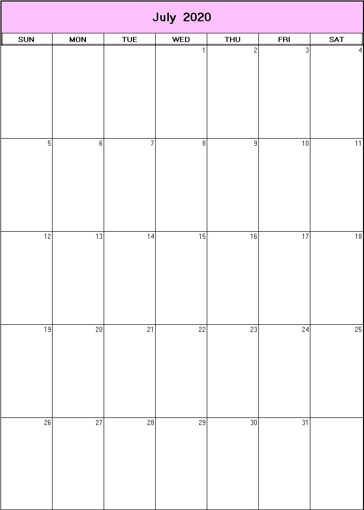 printable blank calendar image for July 2020