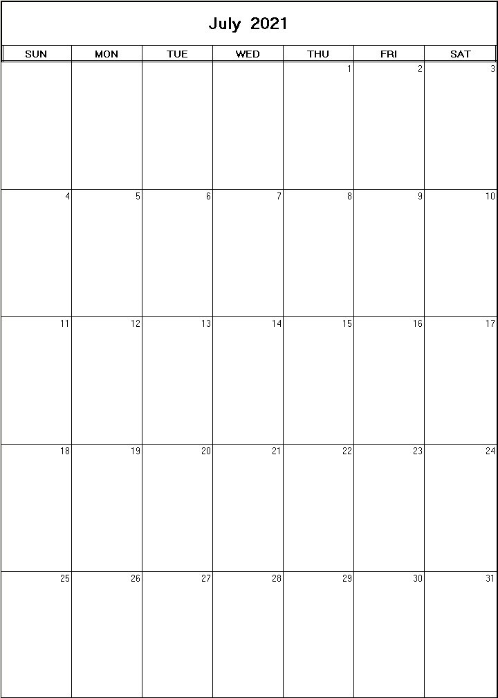 printable blank calendar image for July 2021