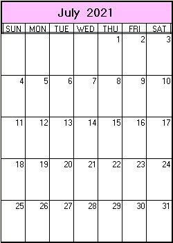 printable blank calendar image for July 2021